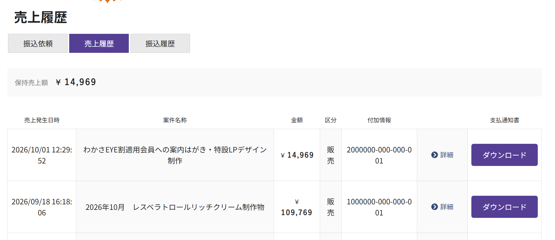 マイページの売上管理・売上履歴の画面例